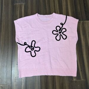 Sz L Pink Floral Knit Sweater Sleeveless Barbie Dopamine Colorful Statement Fun